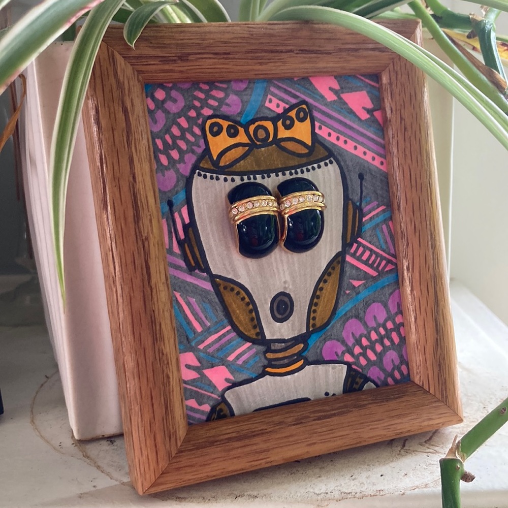 Costume Jewelry Vintage Earrings Holder Original Sharpie Robot Artwork by Rozine